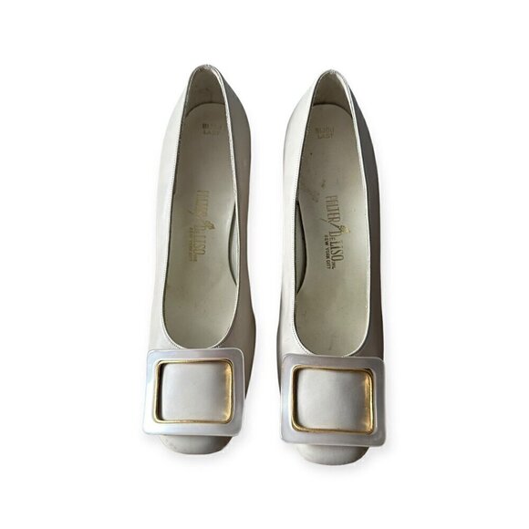 Vintage Palter DeLiso Mod Cream Leather Pumps with Buckle, Size 6 1/2B - Picture 3 of 13